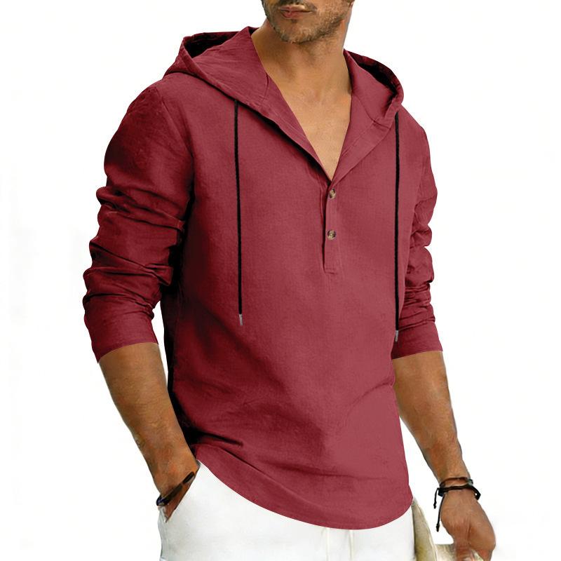Men's Plus Size Linen Long Sleeve Hoodie, Casual Color Pullover