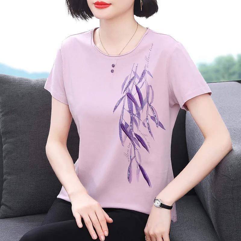 Summer Short-sleeved Pure Cotton Printed Summer New T-shirt Middle-aged Loose Versatile Korean Style Top