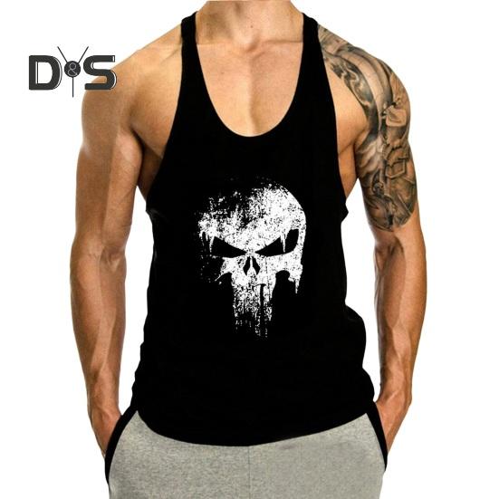 

Мужской летний жилет с круглым вырезом без рукавов, свободный крой, спортивный топ, быстросохнущий спортивный жилет с принтом черепа, жилет для фитнеса, майка для бодибилдинга XL чёрный