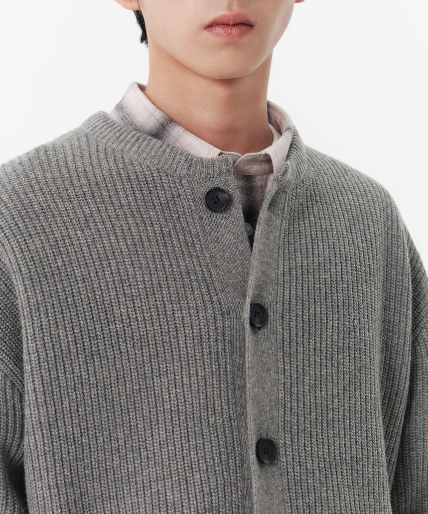 Musinsa Standard Relaxed Ribbed Round Neck Cardigan [Melange Light Gray]