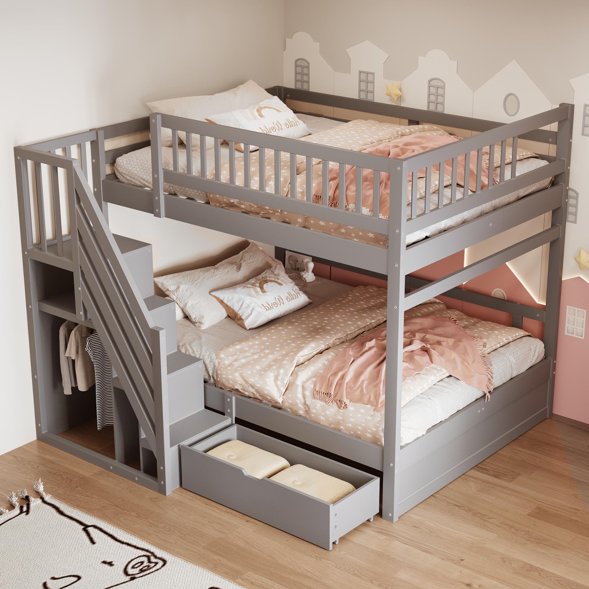 Masivní dřevěná palanda 140*200cm, Vysoké bezpečnostní zábradlí, Lamelový rošt, Bezpečnostní žebřík s úložným prostorem, Úložné zásuvky, Dětská postel Junior manželská postel, Šedá 205 x 145 x 173.5 cm šedá