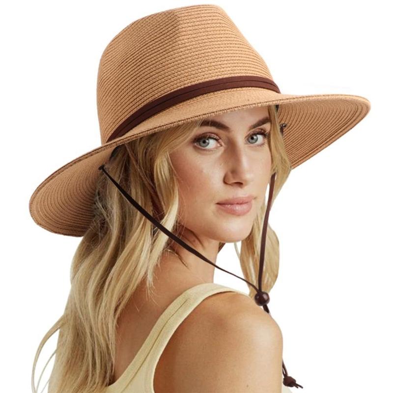Breathable Paper Straw Panama Hat with Adjustable Chin Strap and Wide Brims Sun Protections for Women Vacation and Trip
