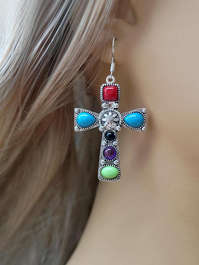 1 Pair of Vintage Cross Colored Natural Stone Earrings, Set with Gemstone Cross Earrings, Suitable for Daily Wear