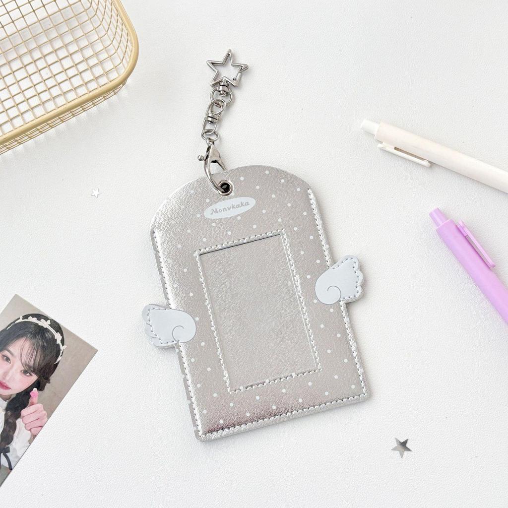 Angel Polka Dot Leather Card Holder with Stargazer Wings - 3-Inch PU Card Holder Bag Pendant.