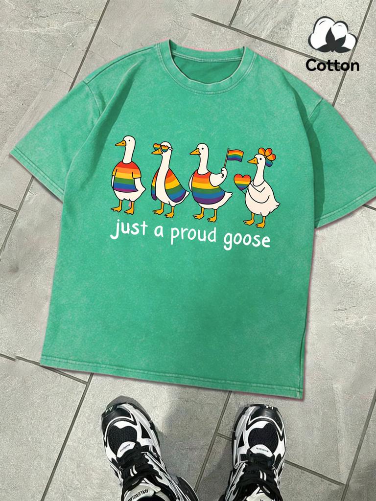 Just A Proud Goose Printing Snow Wash TShirt Mens Summer Breathable Retro Short Sleeve Unisex Cotton Tops Loose Sportwear