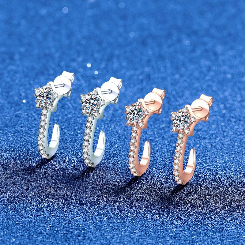 Sterling Star Stud Earrings With Moissanite CZ Pave Delicate U-Shaped Five-Point Women Office Chic Daily