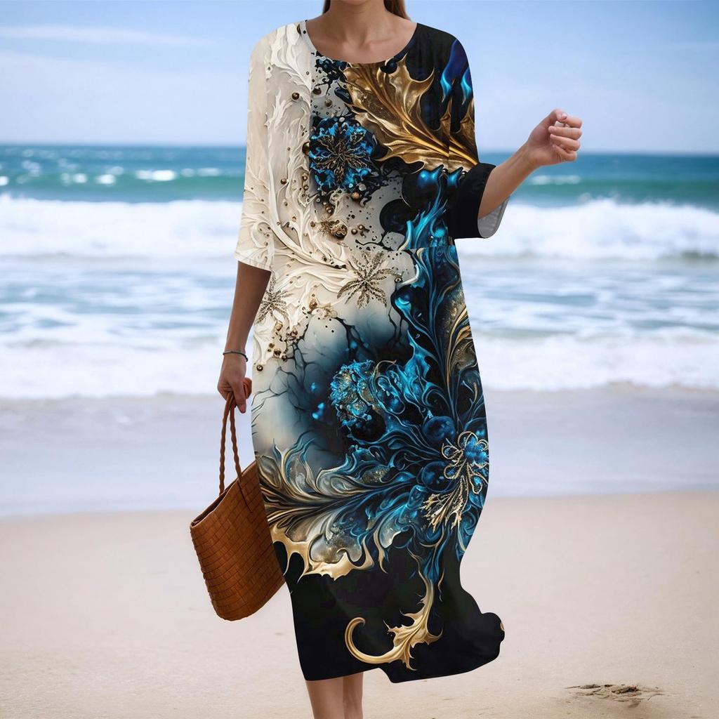 Damen Modisches Bedrucktes Rundhals Siebenviertelärmel Lockeres Kleid