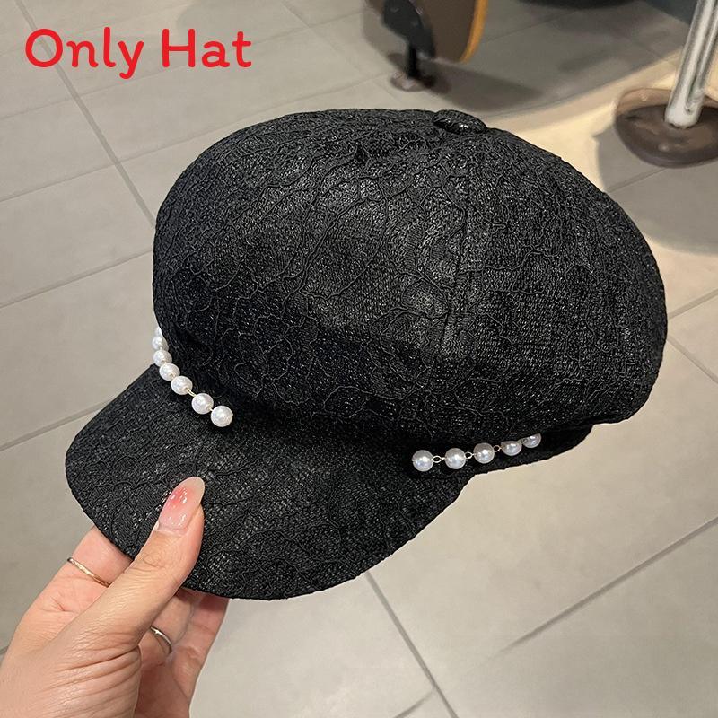 Pearl Chain Lace Octagonal Hat With Wide Brim For Sun Protection And Fashion
