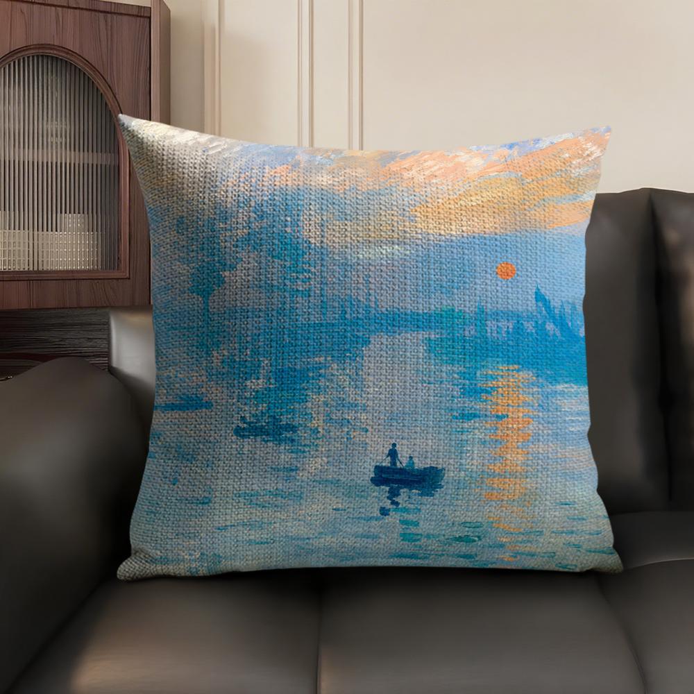 Monet Water Lilies Oil Painting Cushion Cover Linen Organic Fabric DoubleSided Printing Sofa Breathable Home Decor Pillow Case