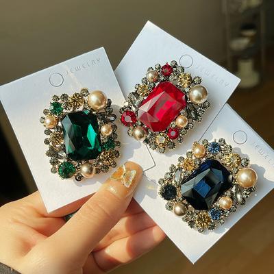 Spilla quadrata di lusso con strass vintage, classica perla di cristallo, da donna
