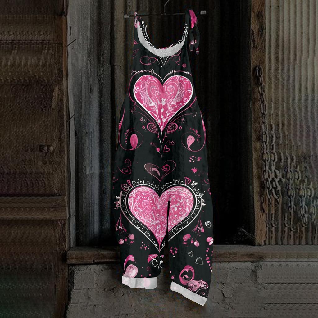 Damen Herzförmiger bedruckter lässiger lockerer Retro-Overall Baumwolle und Leinen Einteiler Hose