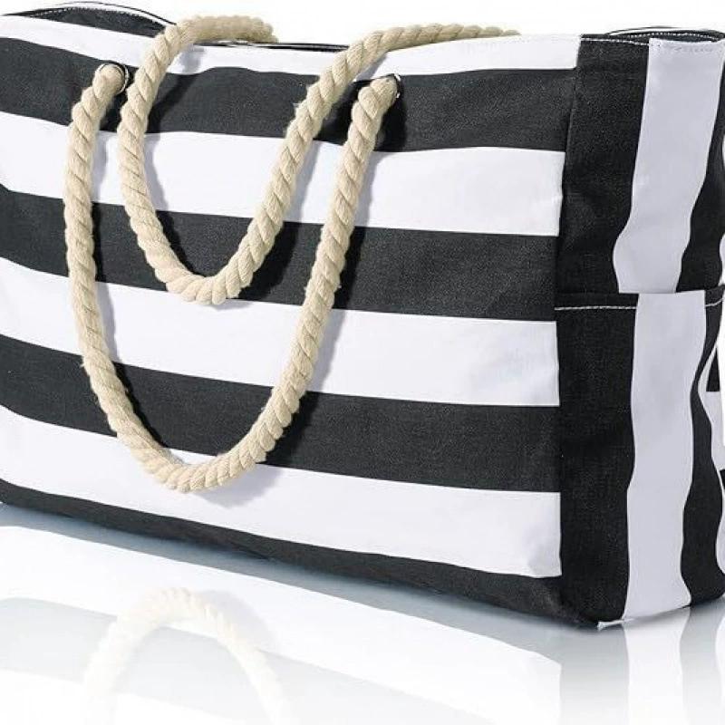 Striped Zipper Outer Bag for Outdoor Travel and Vacati, Waterproof and Sand Resistant Canvas, Cvenient Folding Beach Bag