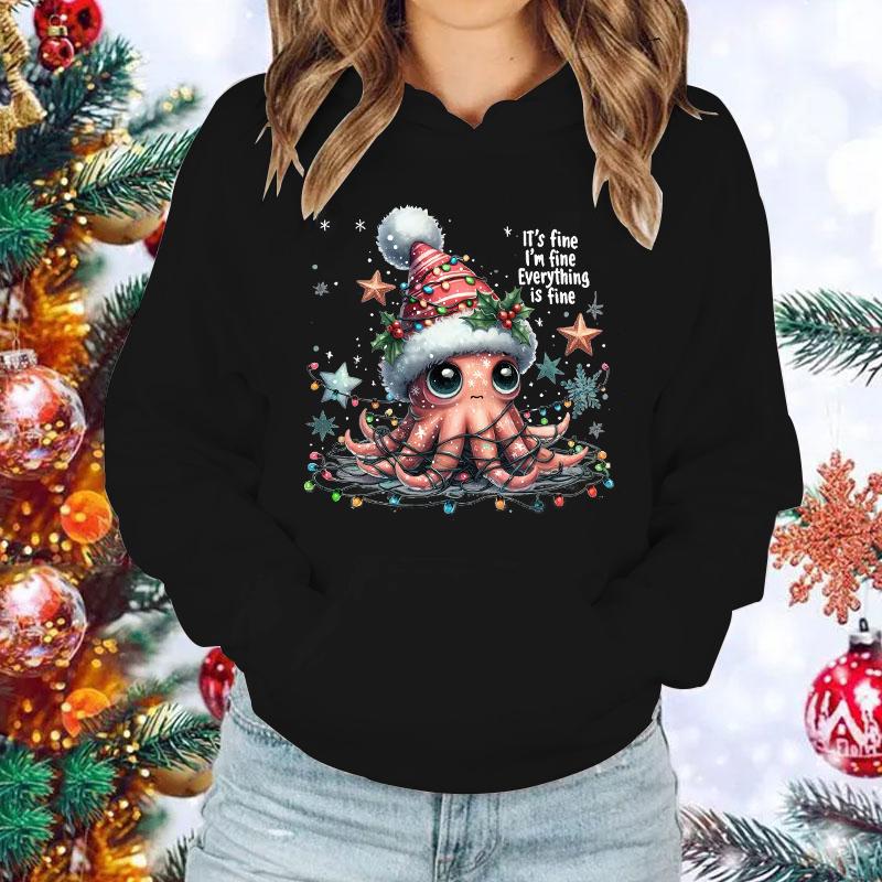 

New Fashion Unisex Christmas Octopus It S Fine I M Fine Everything Is Fine Printed Hoodies Men Women Casual Long Sleeve Hoodies 3XL