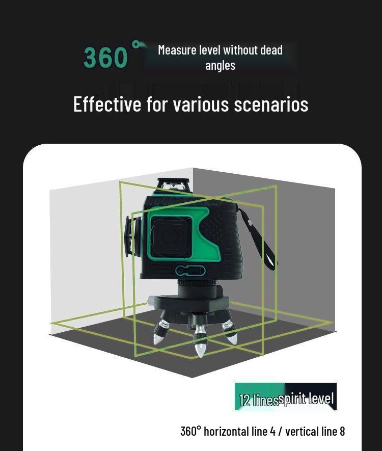12-Line High Precision Infrared Laser Level for Outdoor Woodworking - Red/Green Light
