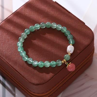 100% Natural Freshwater Pearl & Green Chalcedony & Strawberry Quartz Trendy Peach 14K Gold Filled Ladies Beads Chain Bracelet
