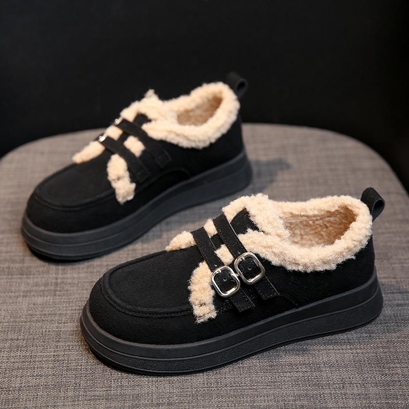 

Персонализированные удобные универсальные повседневные туфли на толстой подошве, увеличивающие рост, женские 2025 осень и зима, новые простые бархатные теплые утолщенные хлопковые туфли 40 чёрный