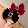 Elegant Black Velvet Rhinestone Bow Hair Tie for Low Ponytails
