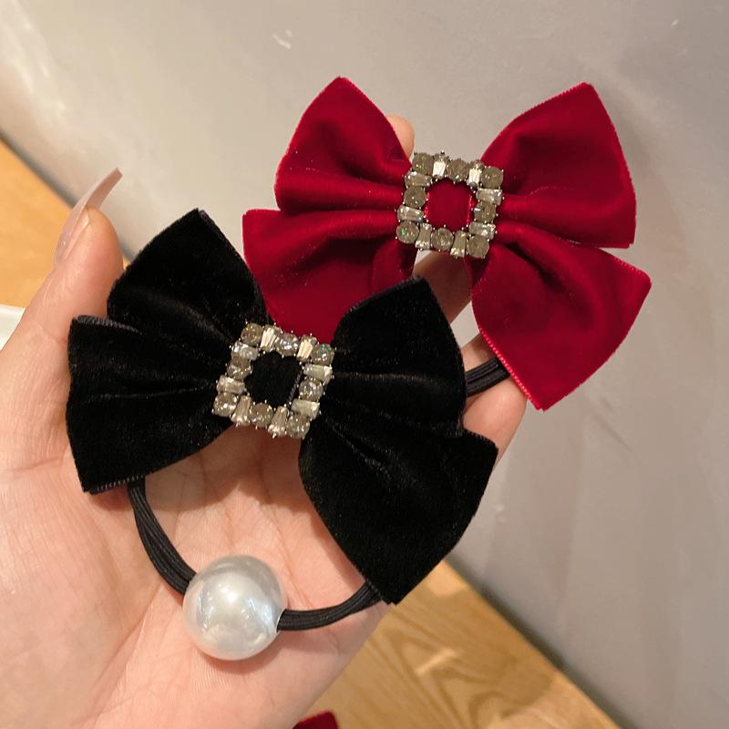 Elegant Black Velvet Rhinestone Bow Hair Tie for Low Ponytails