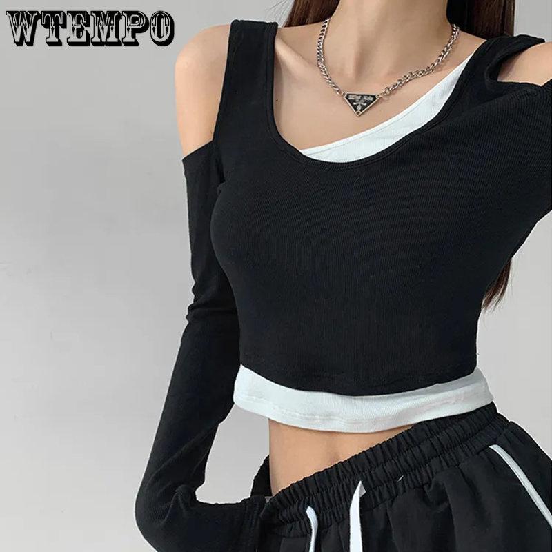WTEMPO Tricouri patchwork pentru femei False din două piese cu mânecă lungă Y2K Topuri decupate Cămăși subțiri pentru femei Streetwear Clubwear