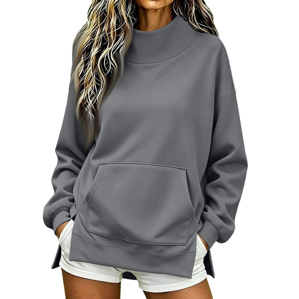 Women's High Neck Side Slit Sweatshirt Lightweight Loose Fit Long Sleeve Pullover for Fall