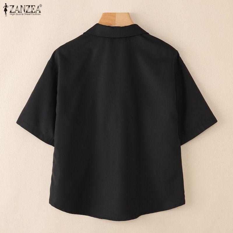 ZANZEA Women Casual Turn Down Collar Summer Short Sleeve Patchwork Blouse