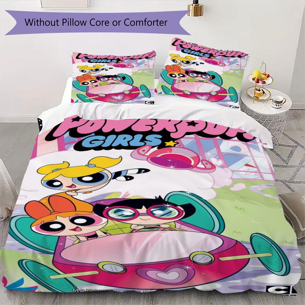 Cartoon Powerpuff Girls print children's duvet cover set, soft and skin-friendly, available in multiple sizes, bedroom bedding.