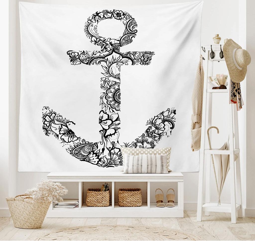 Anker Wandteppich Ankerform Blume Florale Silhouette Urlaub Glückliche Zeiten Wandbehang für Schlafzimmer Wohnzimmer Studentenwohnheim Dekoration