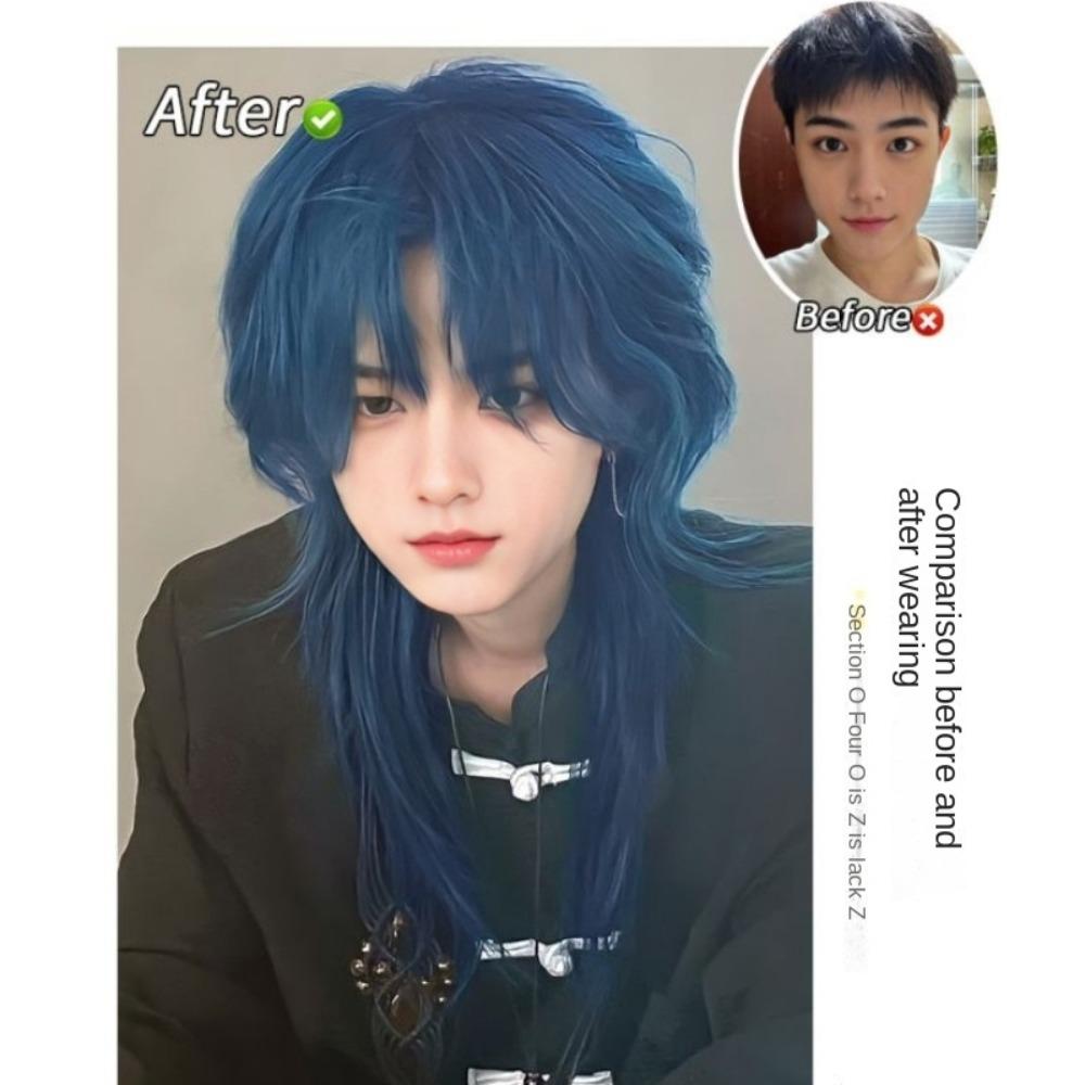 Synthetic Long Cosplay Wig Straight Anime Men Wigs Wolf Tail Mullet Head Wigs with Bangs Party