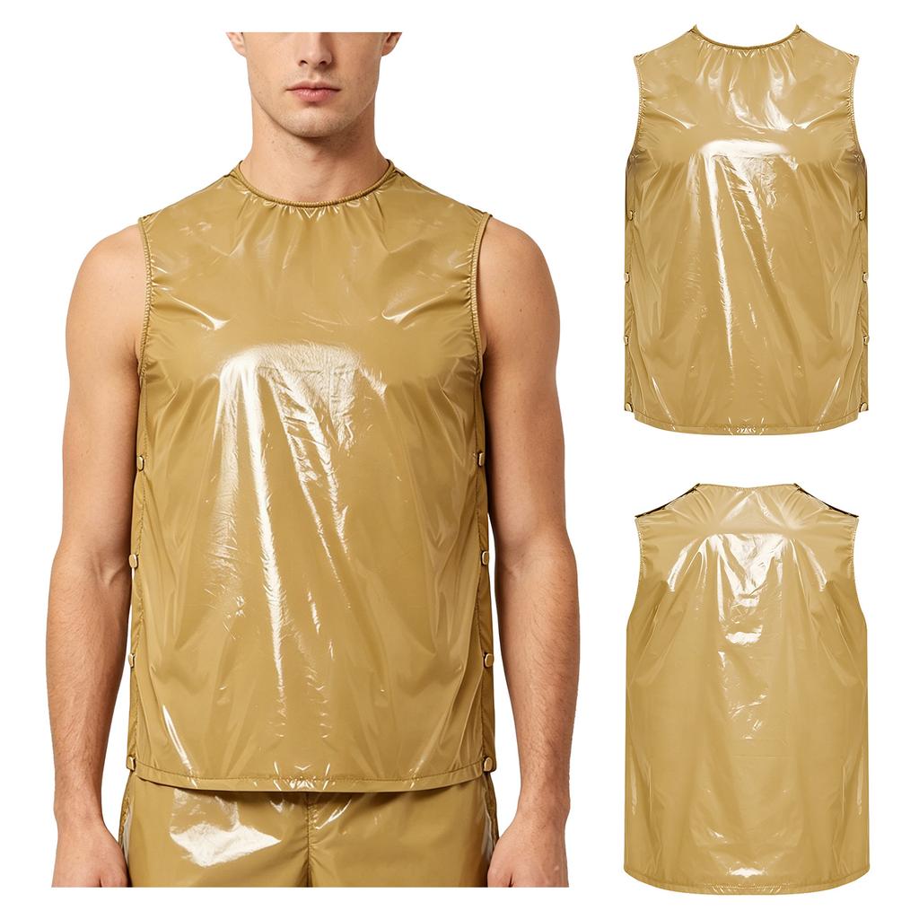 S-3XL Men Vinyl Waterproof Reusable Tank Top Round Neck Sleeveless Press Buttons At Shoulder and Sides for Gymnastics Workout Exercise