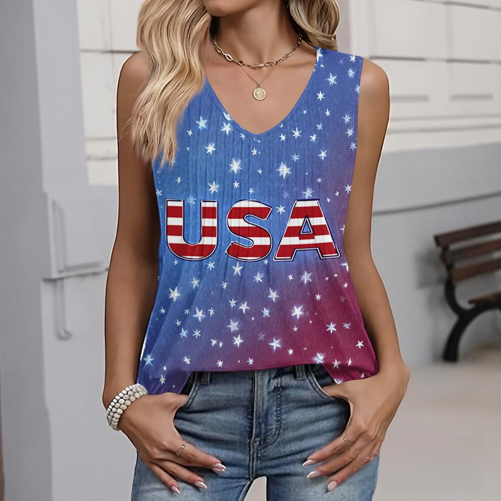 Women's Fashion Casual American Independence Day Flag and Stars Print V-neck Ruffled Sleeveless Vest T-shirt Top