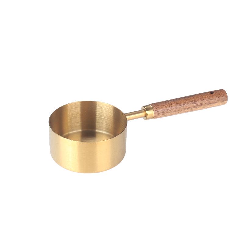 Gold & Black Stainless Steel Measuring Cups and Spoons with Wooden Handles and Scale - Multifunctional Baking & Coffee Spoon Set