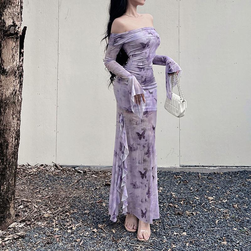 One-word shoulder mesh long-sleeved dress women s summer sexy slim-fitting hip-wrapped fishtail dress cheongsam dress S