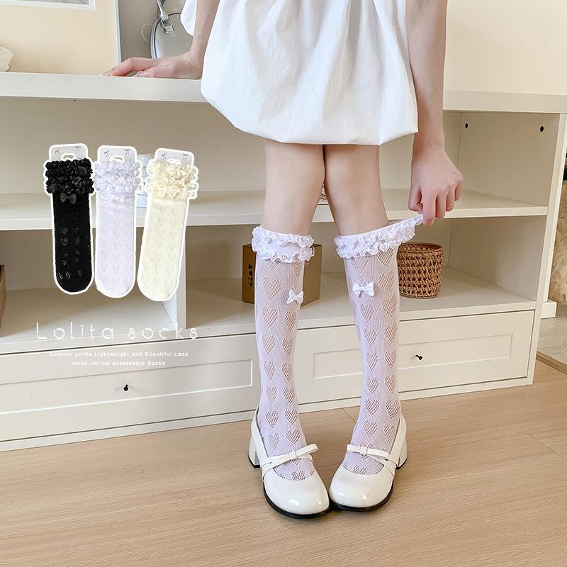 Spitzensocken für Damen Frühling und Sommer, Frotteesocken, Schleife Lolita Ballett-Stil Spitzen-Wadenlange Socken