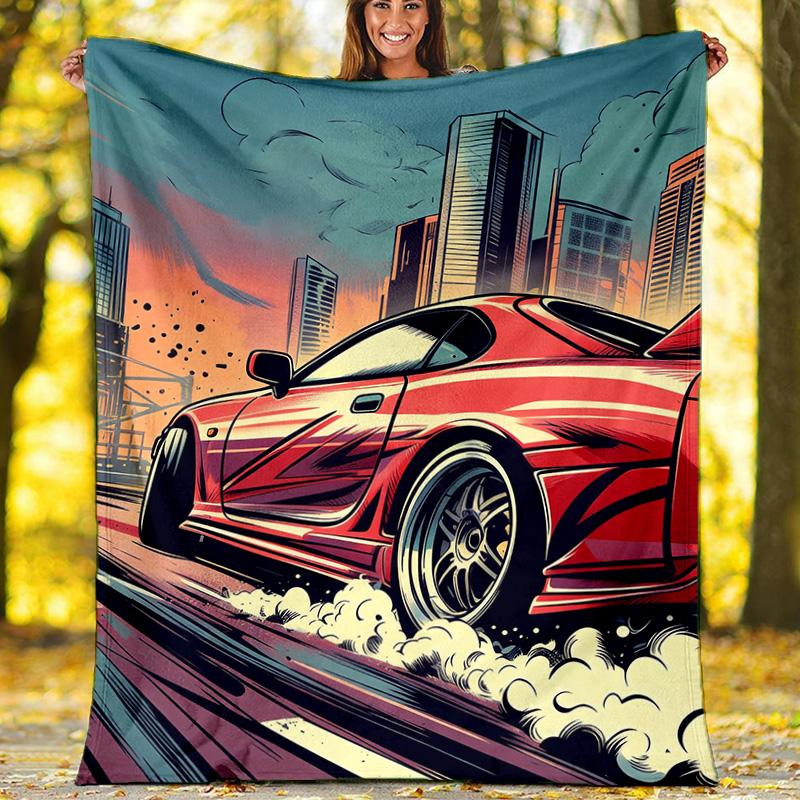 City Sports Car Comic Style Fleece Printed Flannel Blanket, Warm Soft Throw Sofa Bed Blanket