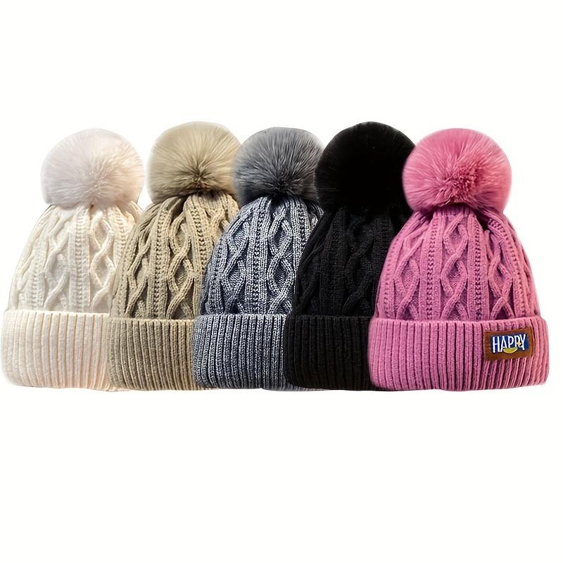 

2025 5pcs Women S Winter Beanie Hats with Fluffy Pom-Poms - Thick Warm Beanies, Elastic Fit for Cold Weather, Beige/White/Black/Gray/ - Formal Outfits