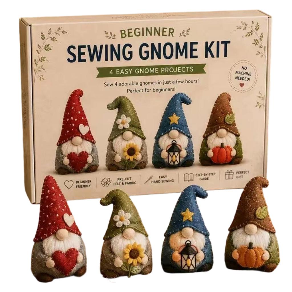 Kit da Cucito per Principianti Gnomo 4 Facili Progetti a Mano Tessuto in Feltro Pretagliato Guida Passo Passo Non Serve la Macchina Giocattoli Peluche Miniatura Fai da Te