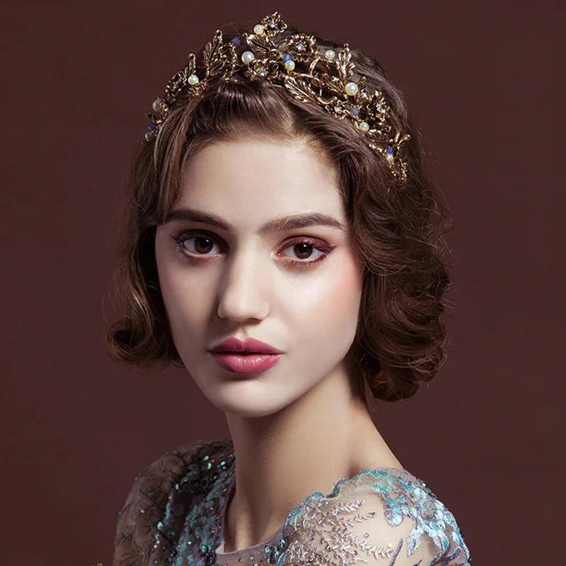 Vintage Barock Gold Farbe Perle Blatt Braut Tiaras Kristall Krone Haarbänder Rebe Tiara Hochzeit Haarschmuck Braut Stirnband