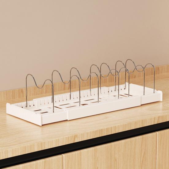 Stojak na garnki ze stali nierdzewnej z przegródkami, Regulowany organizer na pokrywki z rozszerzaną wentylowaną podstawą, Odporny na rdzę stojak do przechowywania w szafce kuchennej, Naczynie kuchenne