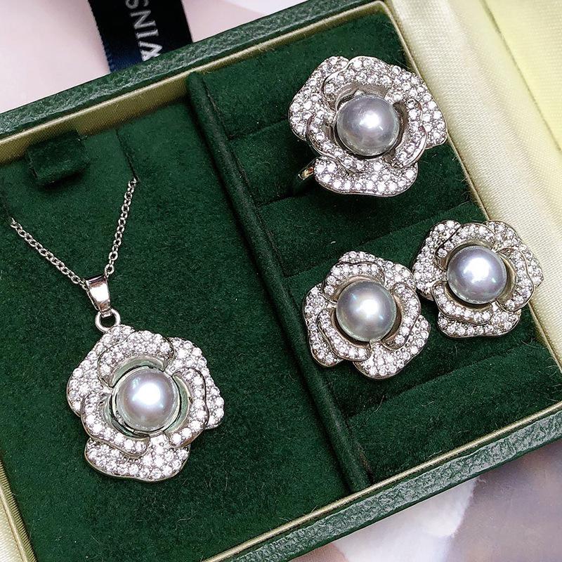 Elegant Freshwater Pearl Jewelry Set: Necklace, Pendant Earrings, and Ring