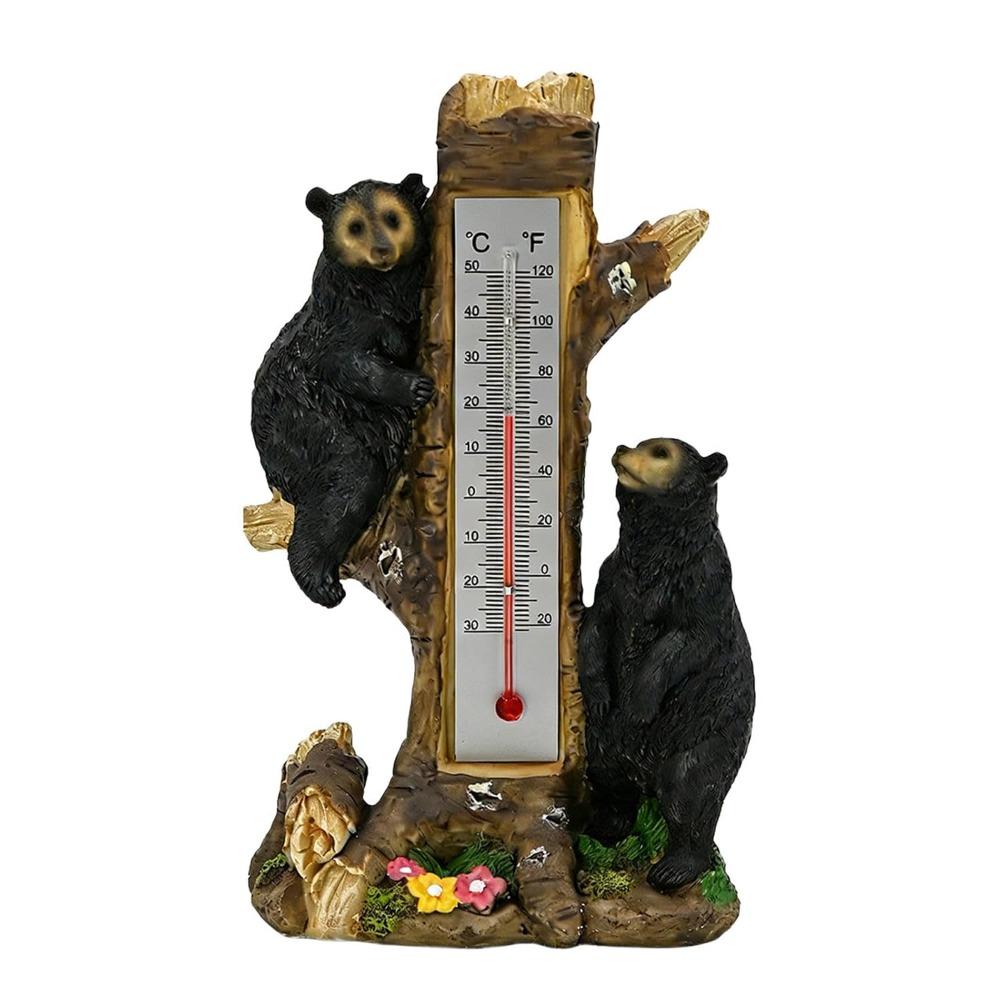 Black Bear on Tree Stump Thermometer Figurine, Outdoor Garden Decor Bear Statue with Celsius and Fahrenheit Display, 8.27 Inches