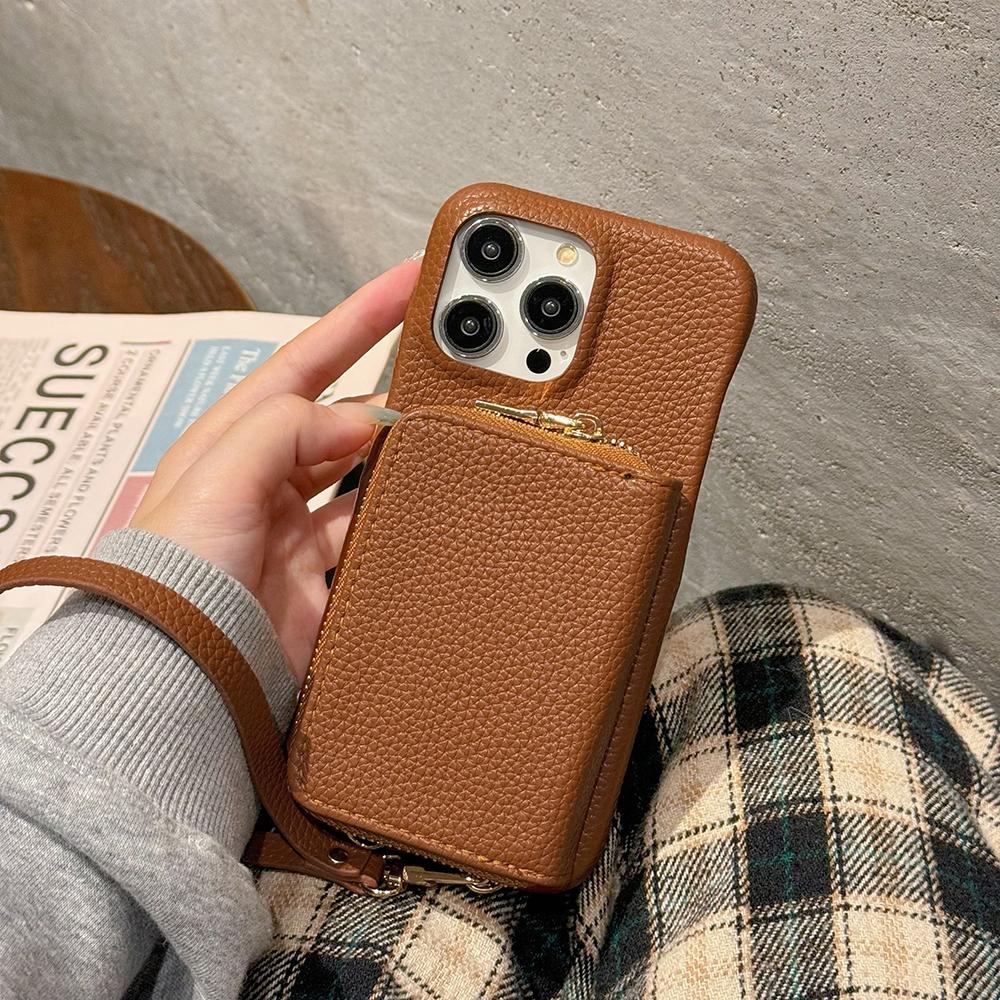 Für iPhone 15 Pro Max Hülle Reißverschluss Kartenfächer PU Leder Handy Rückseite mit Handschlaufe