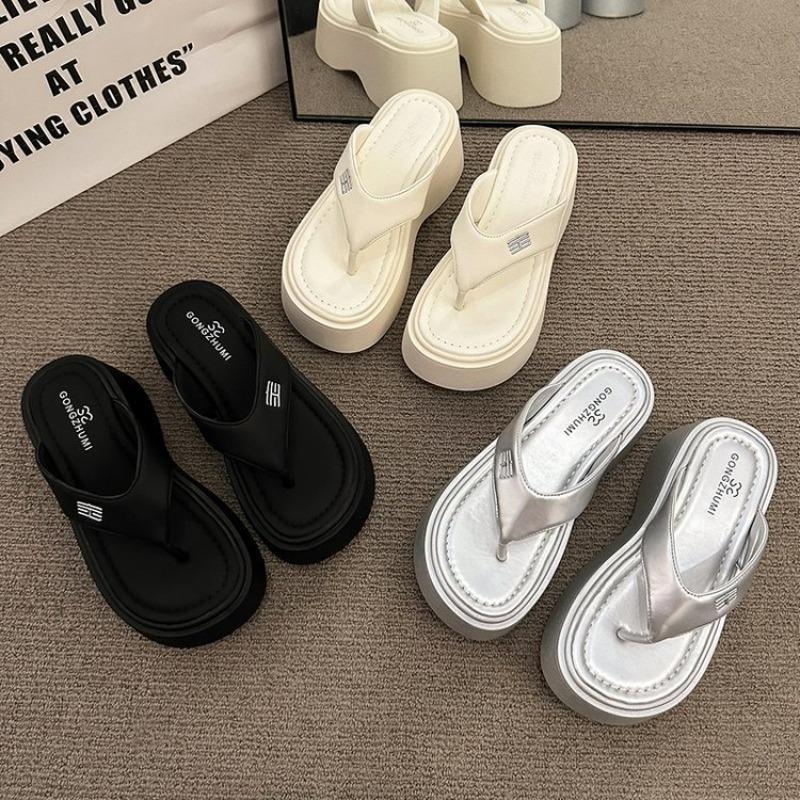 Hot Selling 2025 Women's High Heel Thick Bottom Sandals Summer Silver Beach Casual Slip-On Shoes Rubber Sole Comfortable Footbed