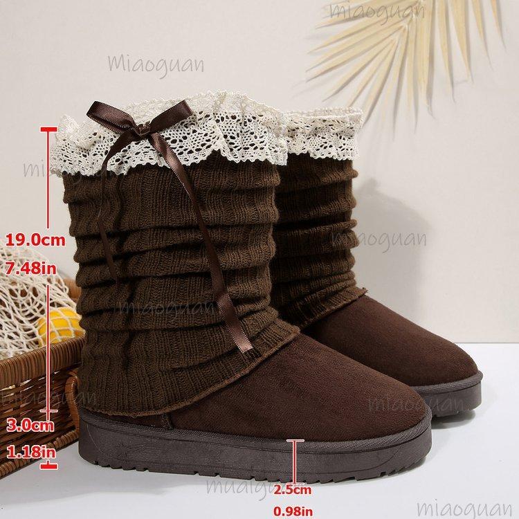 Fashion Sweet Bowknot Pleated Boots Women 2025 Winter Fashion Lace Decoration Mid Calf Snow Boots Short Plush Non Slip Booties New