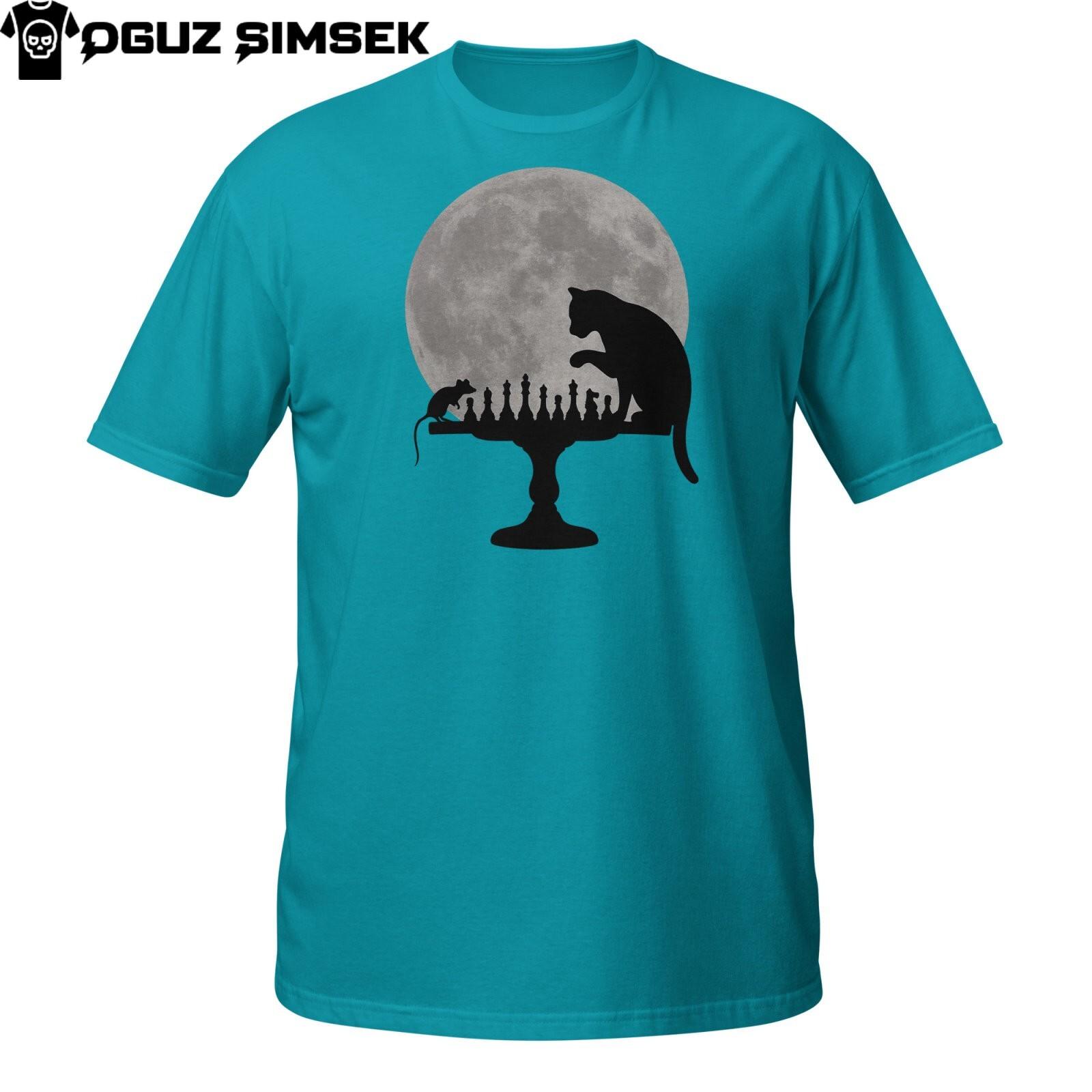 Cat And Mouse Chess Battle T-Shirt Mens Womens Tees Top | Full Moon Silhouette Design | DTG Print Tee 4XL
