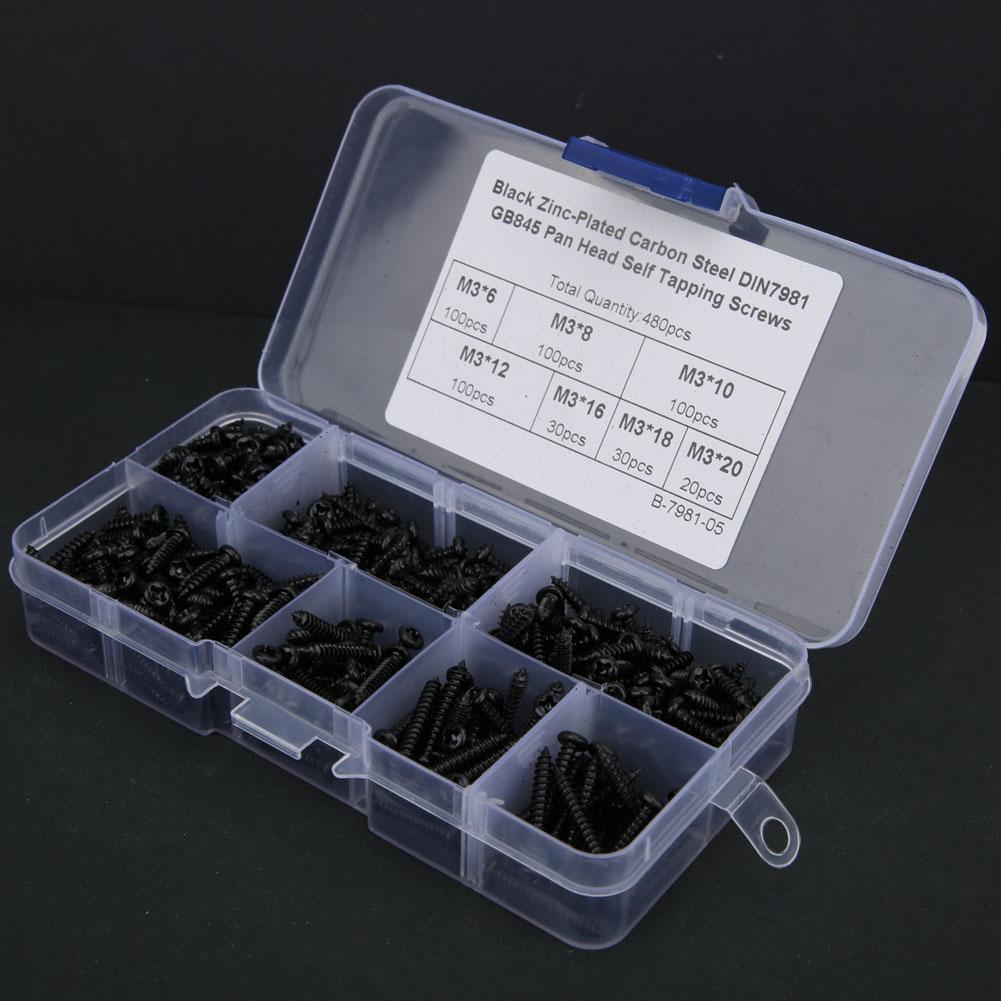 480Pcs Self Tapping Screw Pan Round Head Carbon Steel Fittings M3 Black Nickel Plating(Carbon Steel Black )