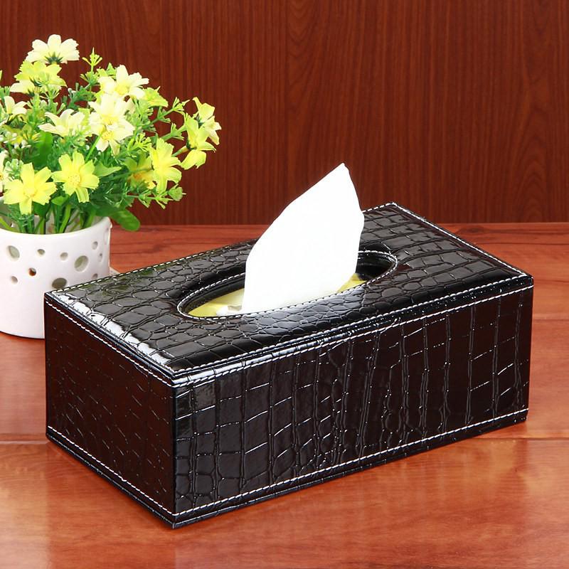 Eco-friendly Black Plaid Leather Tissue Box for Home and Hotel