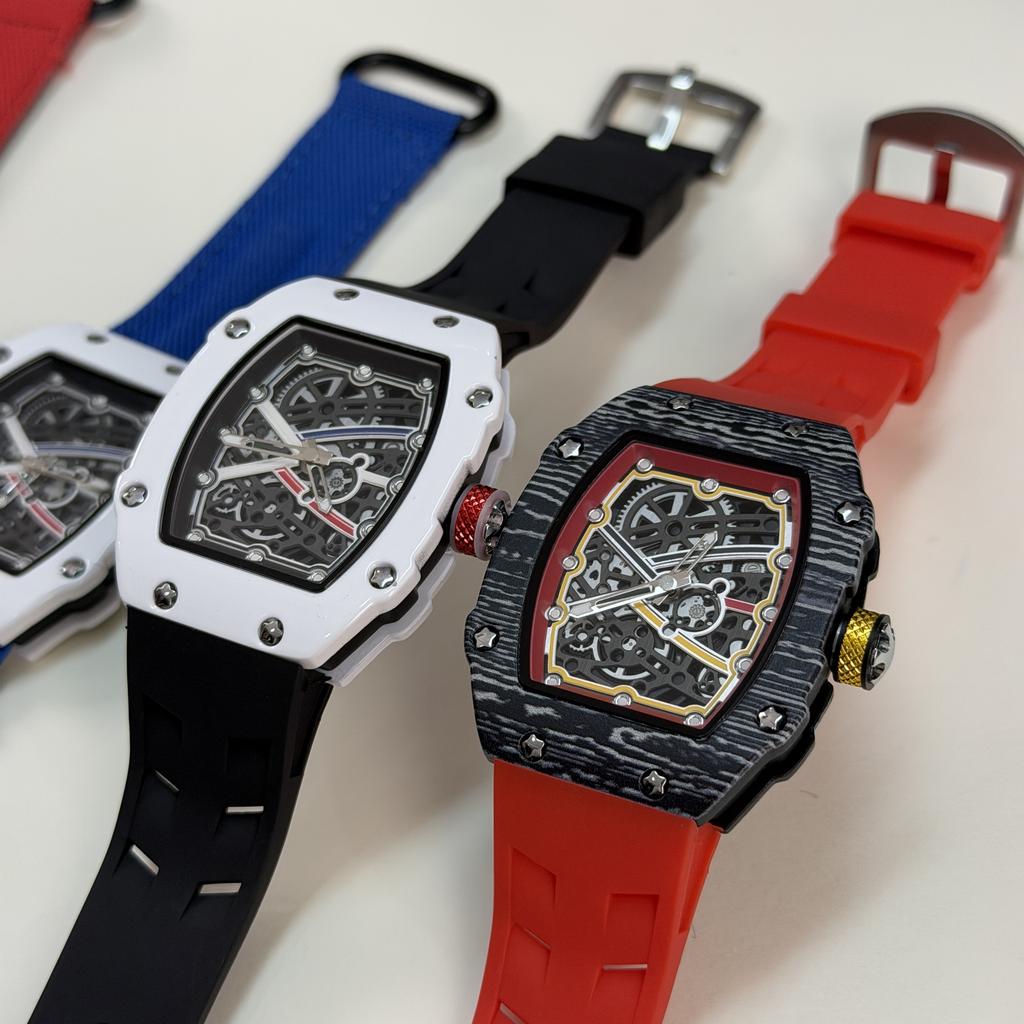 In Stock RM 6702 Slim Barrel Montre Homme Colorful Band Hollow 37.5mm Skeleton Dial Waterproof Sport Casual Quartz Wristwatch