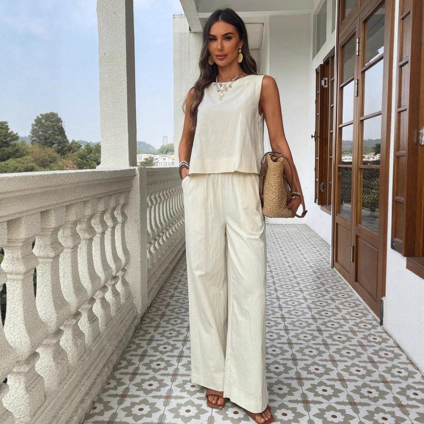Women's Loose Fit Two Piece Outfit Sleeveless Tank Top High Waist Wide Leg Pantsuit