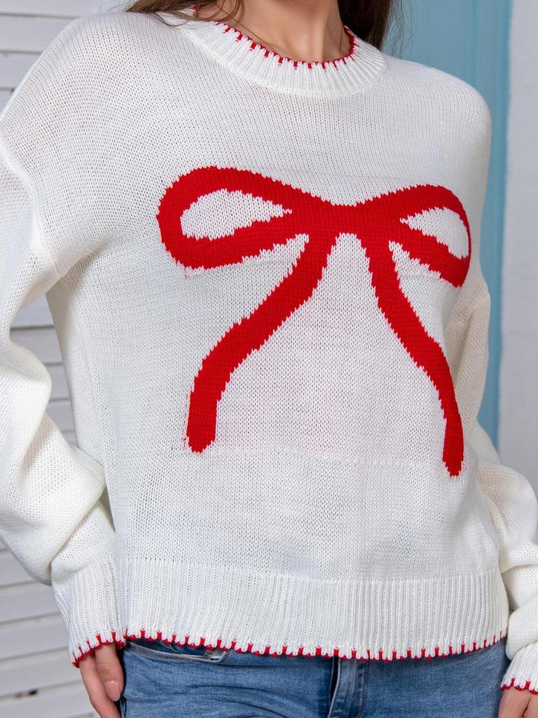 Dámský pletený pulovr s dlouhým rukávem a mašlí - Evropský a americký styl