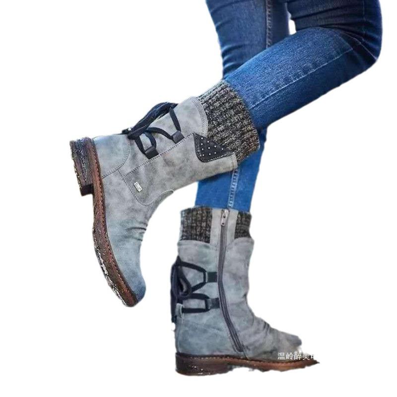 

Европейские и американские ботинки Мартина средней длины, большого размера, на плоской подошве, женские осенне-зимние новые ботинки из тонкой кожи на квадратном каблуке с ремешком сзади 43 синий